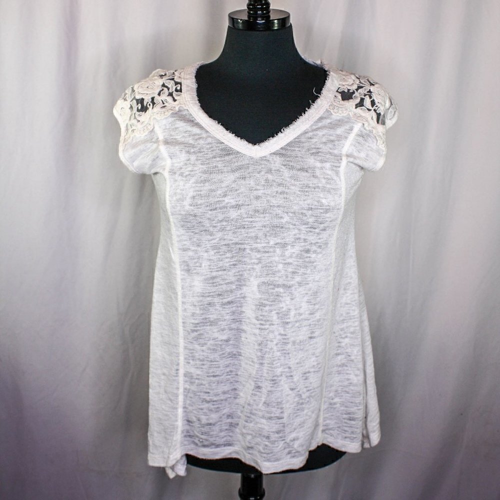 Bobeau Top Lightweight Sheer Weave Lace Shoulders A Line Cream White Siz…
